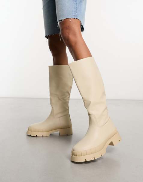 Flat white boots knee hot sale high