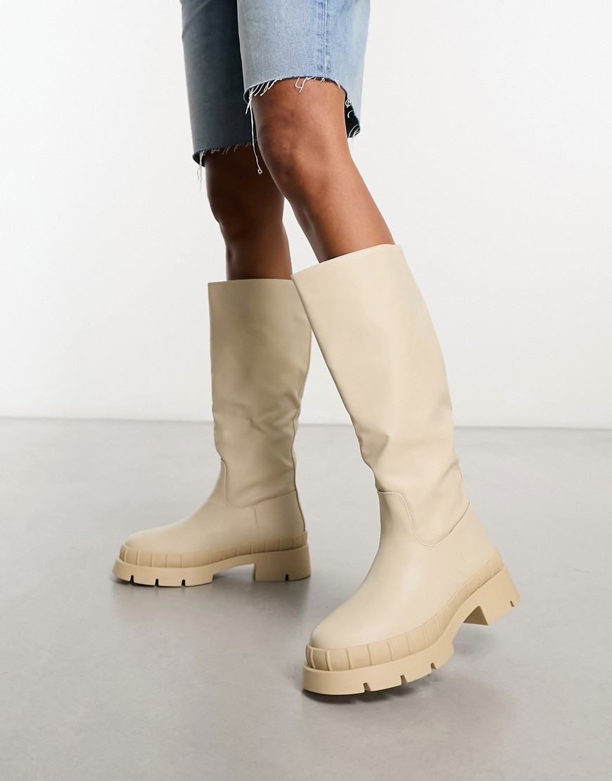 Challenge chunky flat knee boots in ecru-White