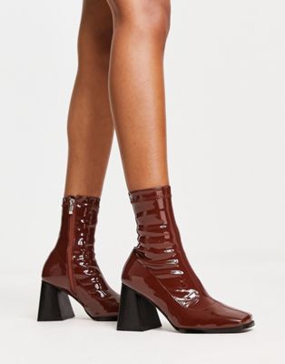  Clever mid heel sock boot in chocolate patent