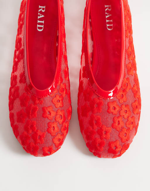 RAID - Enida - Ballerines plates à fleurs brodées - Rouge, 3 de 4