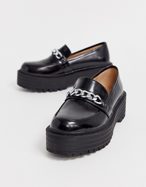 RAID Exclusive Dylan black chunky loafers with chunky silver chain