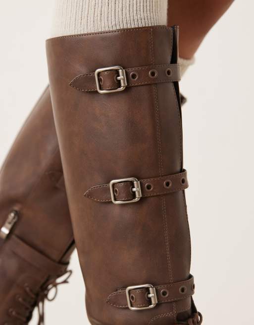 RAID - Fallon - Bottes montantes effet usé à boucles en métal - Marron, 3 de 4