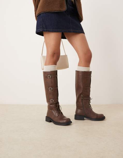 RAID Fallon knee high boots with metal buckles in distressed brown - view 1