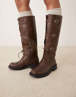Raid Fallon Knee High Boots With Metal Buckles In Brown