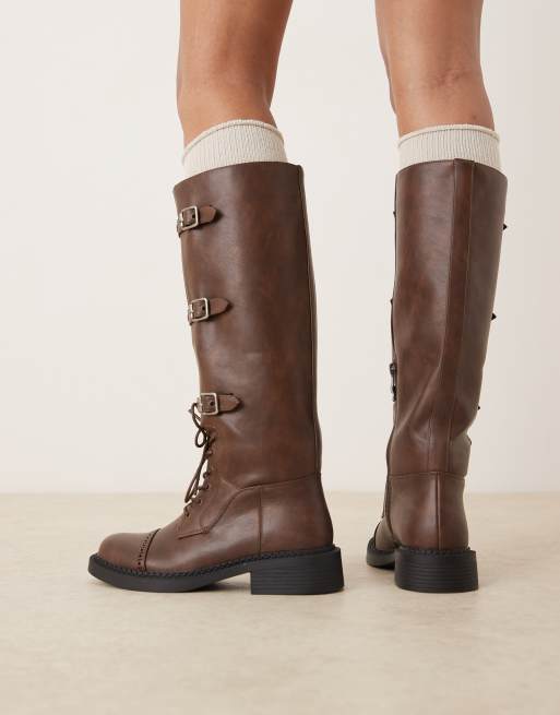 Buckle Distressed Leather Knee High Boots Born Shearling Lined