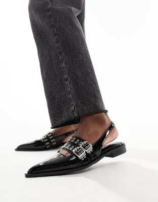 Ichika slingback flats with buckles in black patent