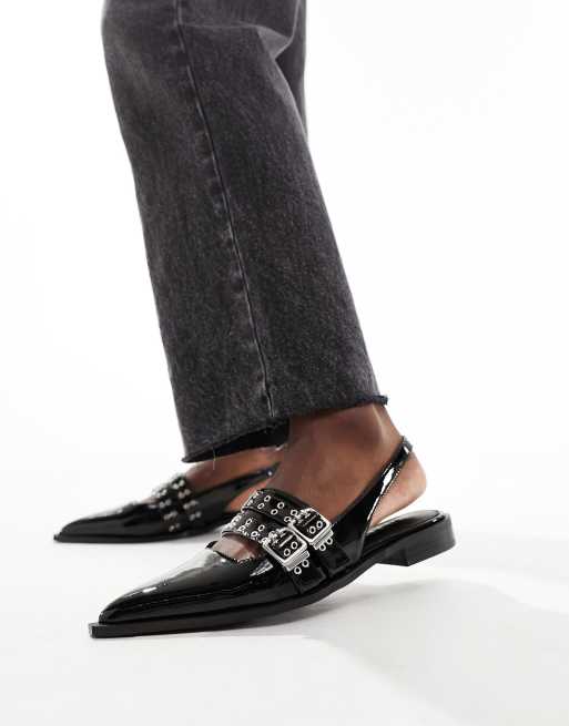 RAID Ichika slingback flats with buckles in black patent 
