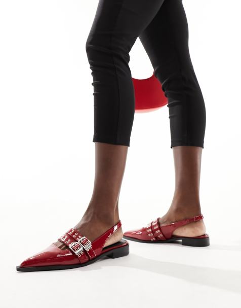 RAID Ichika slingback flats with buckles in red patent - view 1