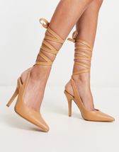ASOS DESIGN Wide Fit Prize tie leg high heeled shoes in beige | ASOS