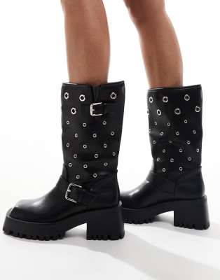 Jaanvi moto knee boots with grommets in black