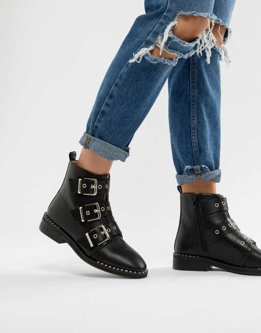 RAID Jack Black Studded Buckle Detail Flat Boots ASOS