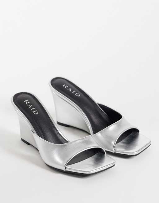 RAID Juniper faux suede wedge heeled mules in silver, 2 of 4