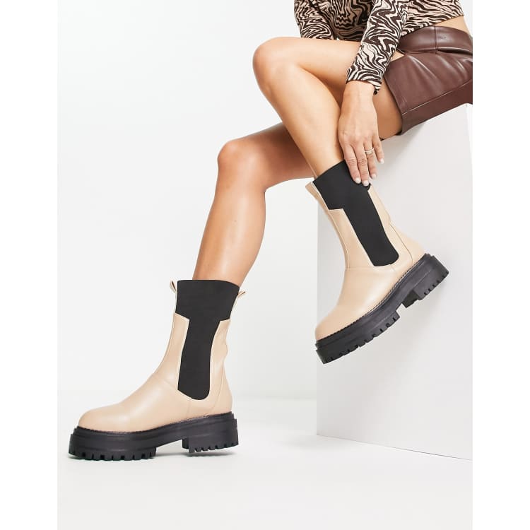 Raid Lizzo flat boots with contrast knit panel in beige | ASOS