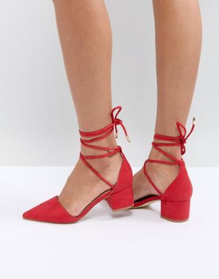 red ankle tie shoes