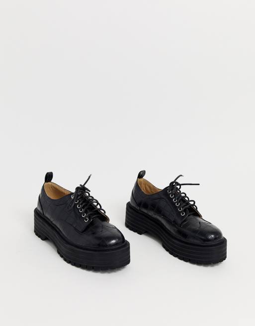 new look chunky lace up flat boots in black croc