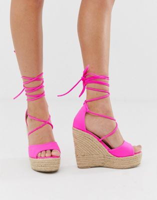 RAID Marea neon pink tie up espadrille wedge sandals | ASOS