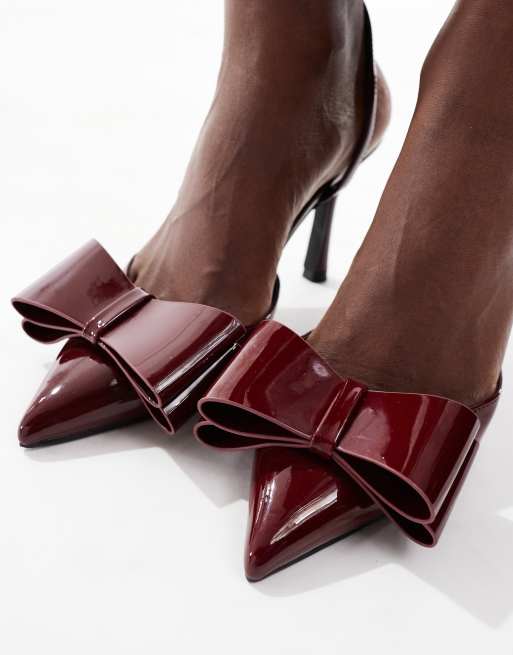 RAID Myrna tie leg heeled shoes with bow detail in burgundy patent, 2 of 4