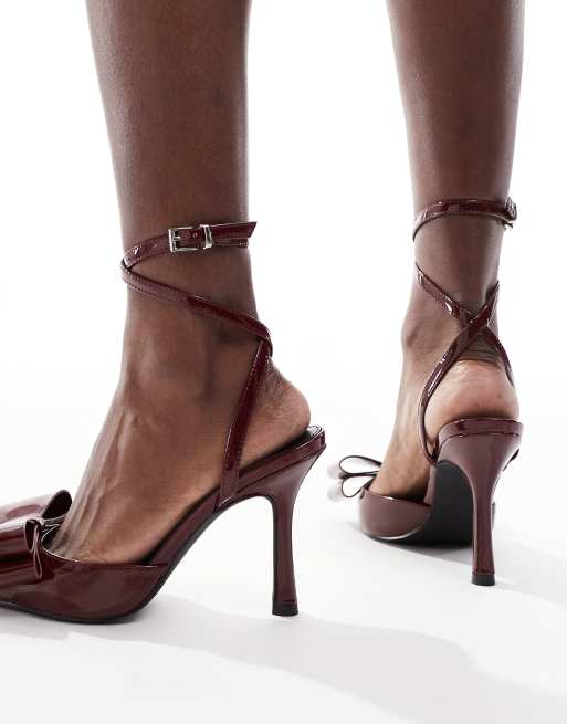 RAID Myrna tie leg heeled shoes with bow detail in burgundy patent, 4 of 4