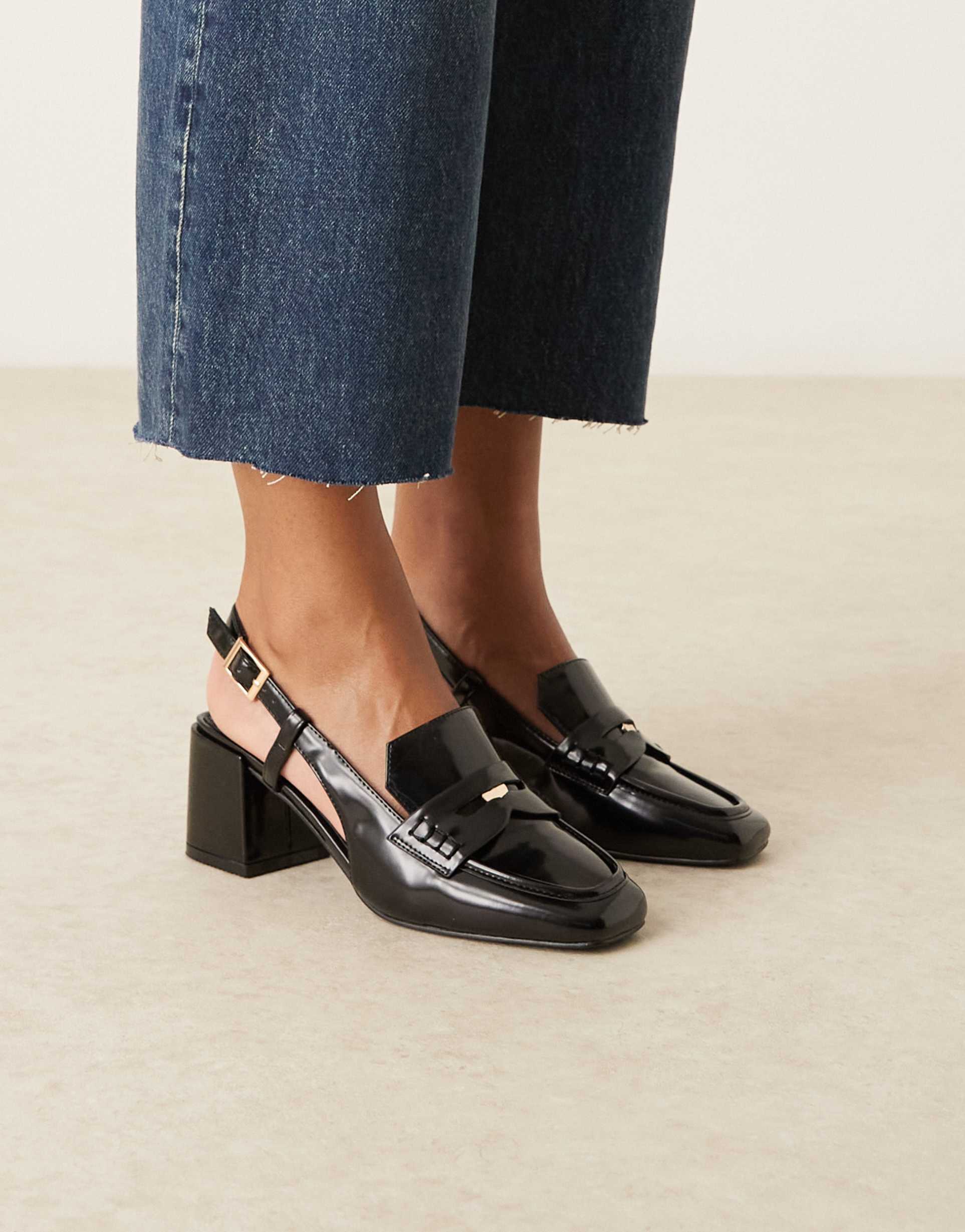 raid nisha block heel slingback shoes in black patent