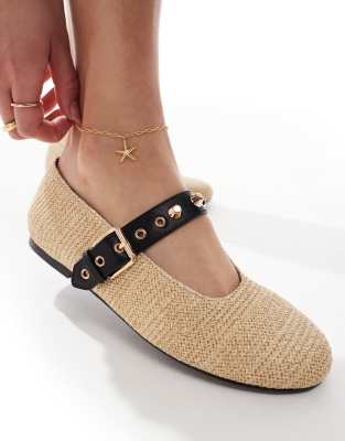 Raid Novie Jute Ballet Flats With Gold Buckle Detail