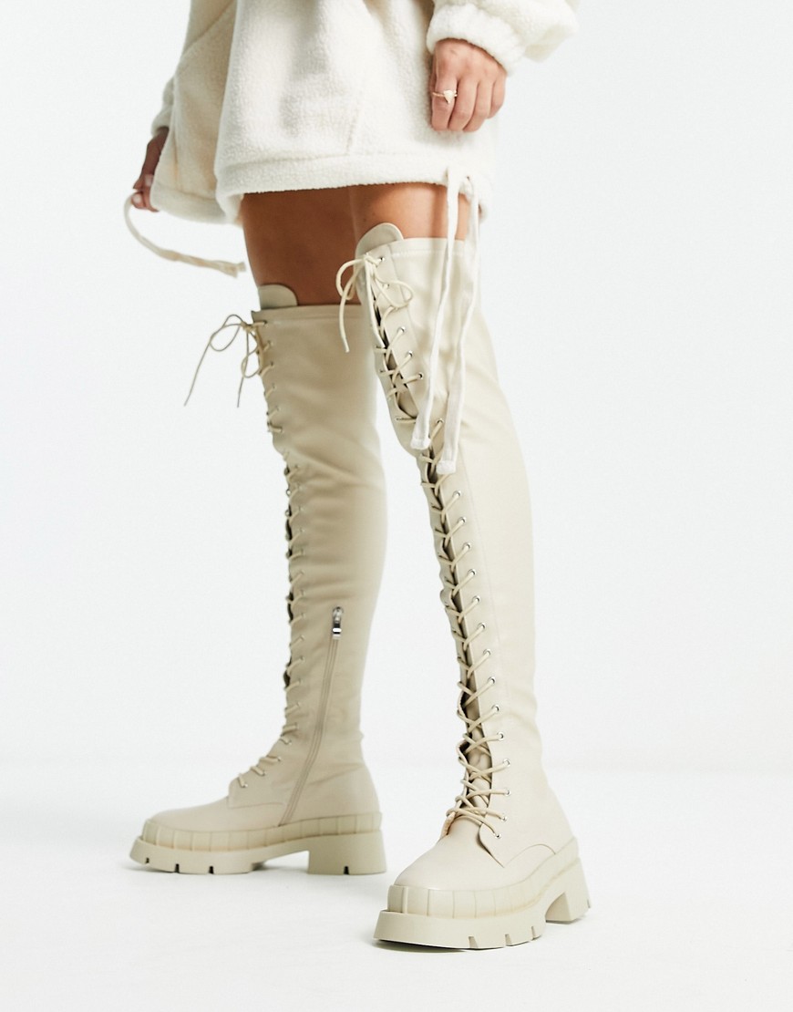 Raid Rooshi Over The Knee Stretch Boots In Cream-white