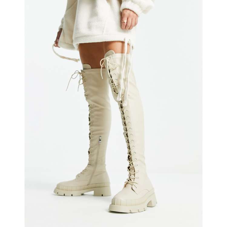 RAID Oakford lace up over the knee second skin boots in ecru | ASOS