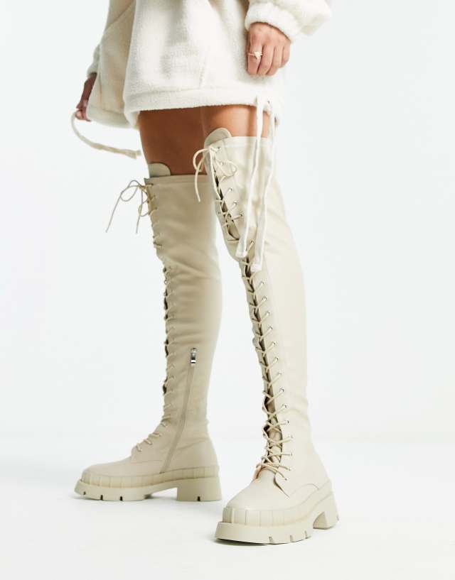 RAID Oakford lace up over the knee second skin boots in ecru