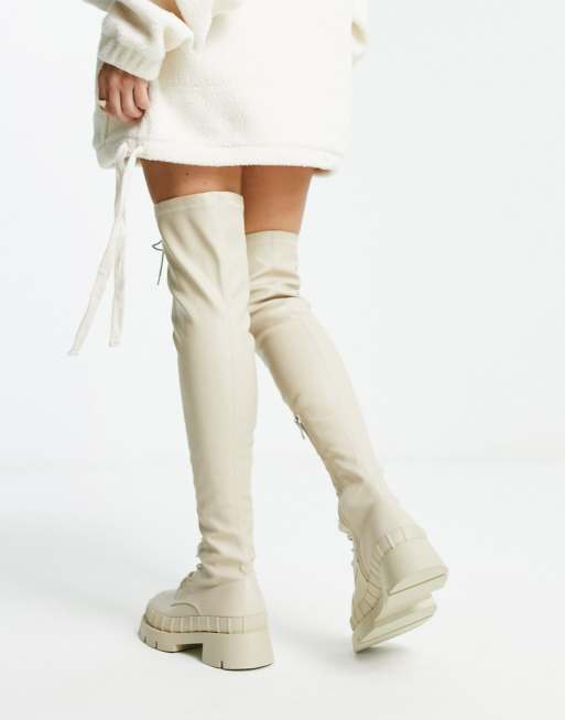 RAID Oakford lace up over the knee second skin boots in ecru | ASOS