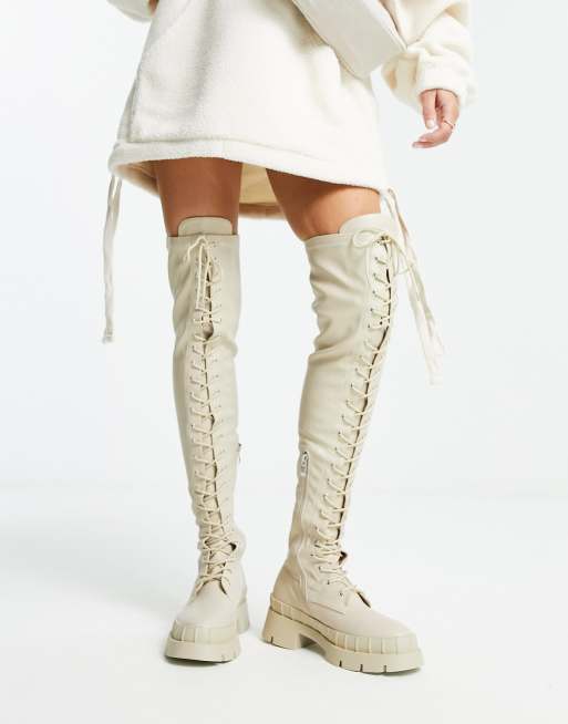 RAID Oakford lace up over the knee second skin boots in ecru | ASOS