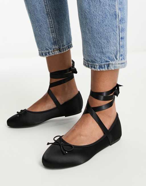 Black lace store up ballet flats