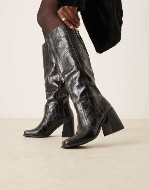 RAID Renzo block heel knee boots in black croc - view 1