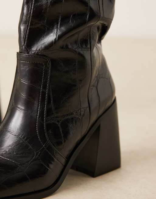 RAID Renzo block heeled knee boots in black croc, 3 of 4