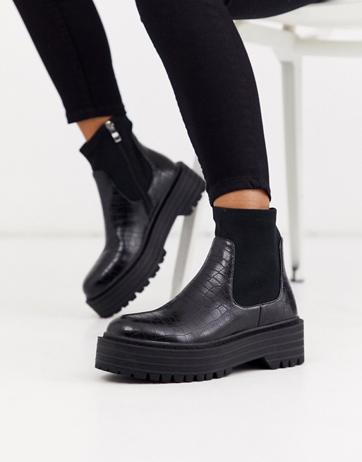 RAID Robin sock boots with chunky flatform in black croc