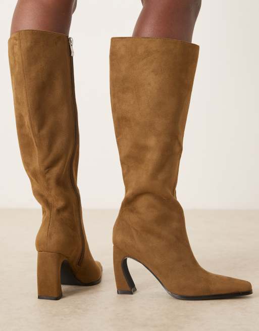 RAID Rosaleen curve heeled knee boots in olive micro, 4 of 4