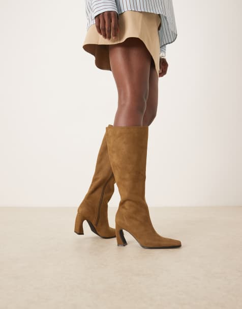 RAID Rosaleen curved heeled knee boots in olive micro - view 1
