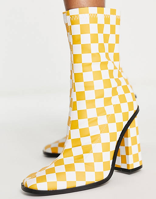  Boots/RAID Saylor block heel sock boot in orange checkerboard 