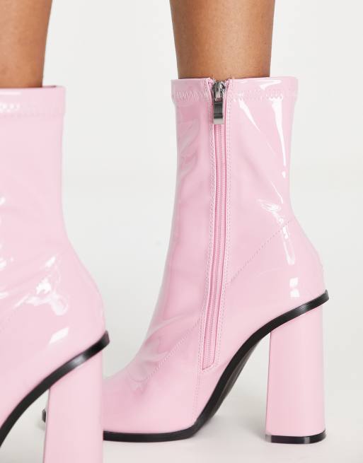 RAID Saylor block heel sock boot in pink patent, 3 of 4
