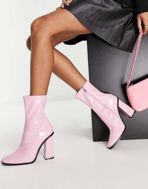 RAID Saylor block heel sock boot in pink patent, 4 of 4