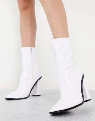 RAID Saylor block heel sock boot in white patent | ASOS
