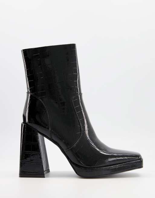 RAID Silonna square toe boots in black patent croc | Monroe Clothing