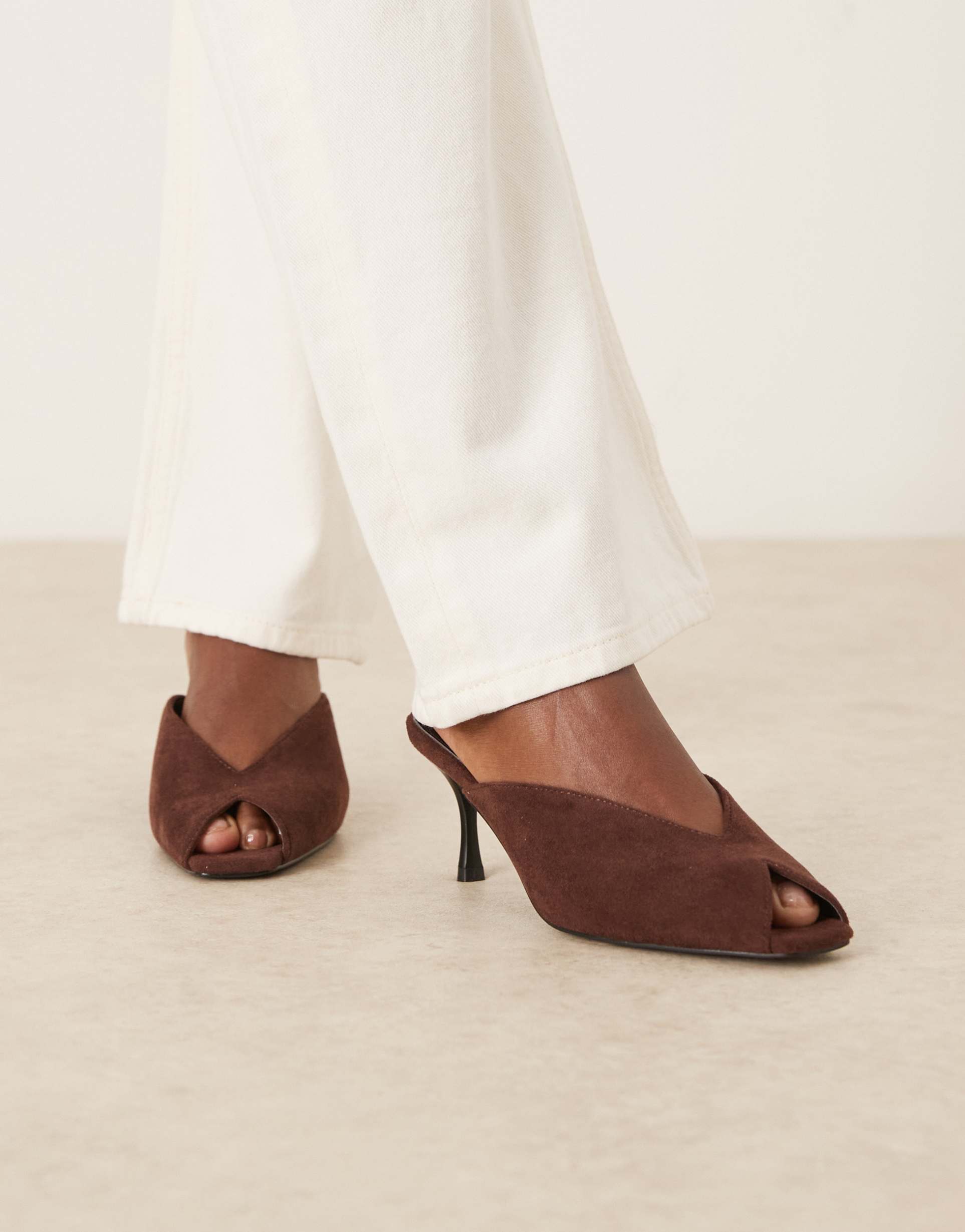 raid sonika kitten heel mules in brown faux suedette