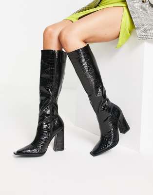 Raid Sphere heeled knee boots in black patent croc