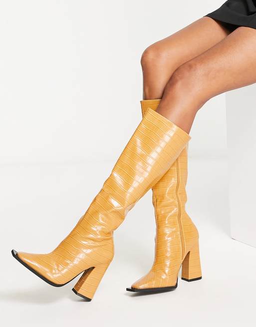 Raid Sphere heeled knee boots in toffee croc ASOS