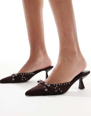  Tinsley kitten heeled mules with bow in chocolate