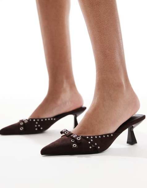 RAID Tinsley kitten heeled mules with bows in chocolate - view 1