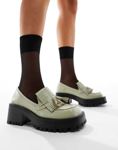 RAID Tulip heeled tassel loafers in sage green - view 1
