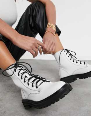 Raid Vinita Flat Chunky Lace Up Ankle Boots In Off White In White