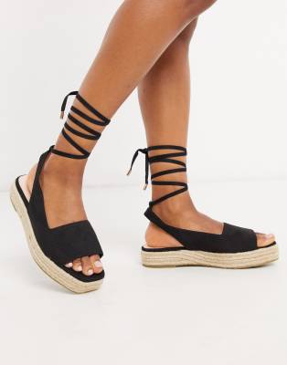 black espadrille sandals with ankle ribbon