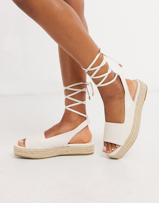RAID Vinny straight cut espadrille sandals with ankle ties in white