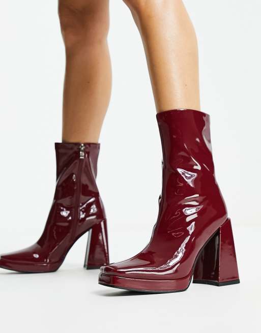 Red Knee High Vinyl Zip Back Boots, Shoes